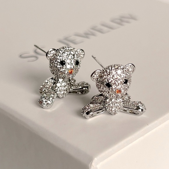 Teddy Bear Earrings Platinum Plated 925 Sterling Silver Luxury Earrings - Picture 1 of 16